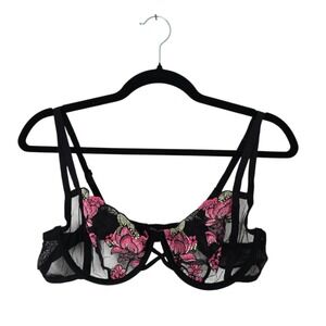 Adored by Adore Me Bra Womens 38B Black Pink Floral Sheer Mesh Underwire